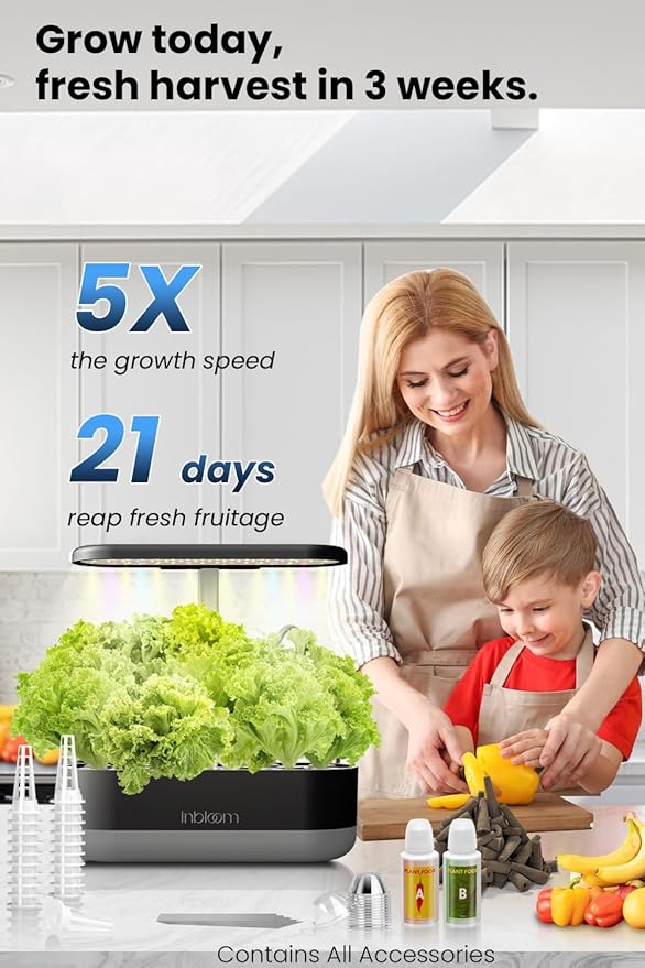 inbloom 12 Pods Hydroponics Growing System Black and 20 Pcs Grow Baskets 20 Pcs Grow Domes 48 Pcs Grow Labels