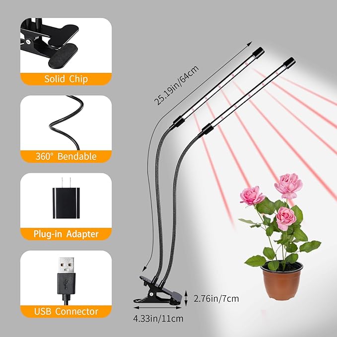 Black Grow Lights for Indoor Plants 168 LEDs Clip Plant Lights Full Spectrum LED Plant Growing Lamps with Flexible Gooseneck 4/8/12/18H Timer 3 Spectral Modes 10 Dimmable Levels 2Head x 2 Pack