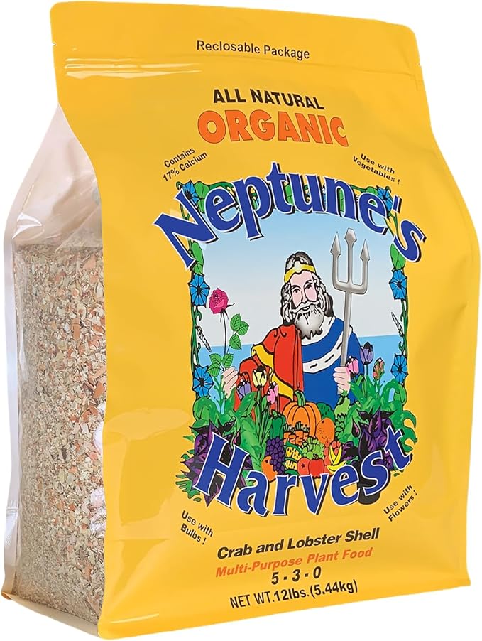 Neptune’s Harvest Organic Crab &amp Lobster Shell Multi-Purpose Plant Food (5-3-0) - 12 LB Resealable Bag - Rich in Nutrients Soil Fertilizer - Plant Food for Lawns Gardens and Vegetables