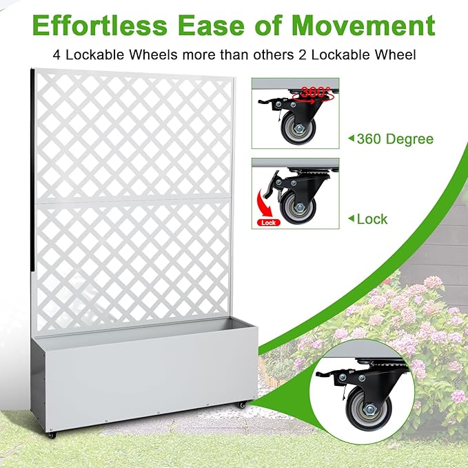 Garvee Metal Planter Box with Trellis &amp Wheels 72.83X46.46X11.81 Raised Garden Beds with Drainage Holes for Climbing Plants Vegetables Privacy Screen Planter Box for Patio Balcony White