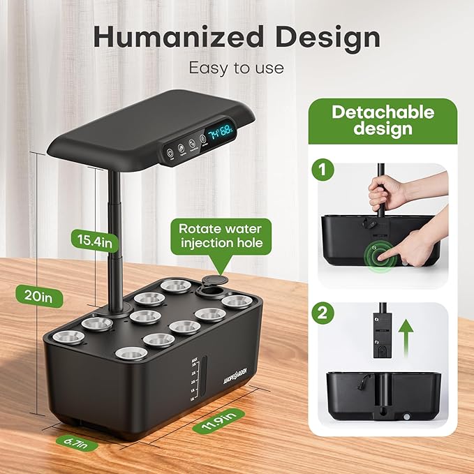 Ahopegarden Hydroponics Growing System Herb Garden: 10 Pods Indoor Garden Kit with LED Grow Light and Smart Temp &amp Humidity Display - Plant Germination Kit for Home Kitchen