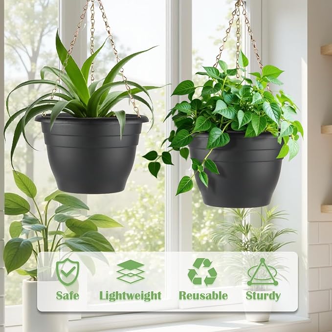 3 Pack 11 Inch Plant PotsPlastic Flower Pots with Drainage HolesLightweight Durable Planters for Indoor Outdoor PlantsModern Decorative Pots for Patio Garden(Black)