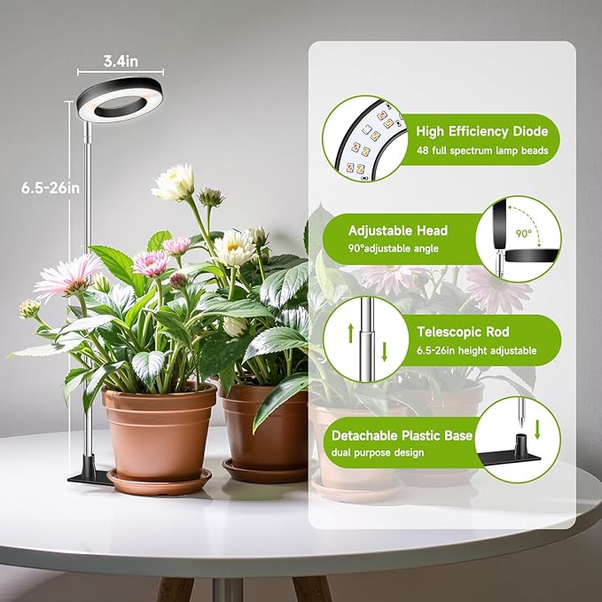Kullinss Plant Light 48 LEDs Full Spectrum Plant Lights for Indoor Growing Halo Plant Light with 3/9/12H Timer 3 Color Modes 10 Brightness Height Adjustable Grow Lamp for Small Plants (5 Pack)