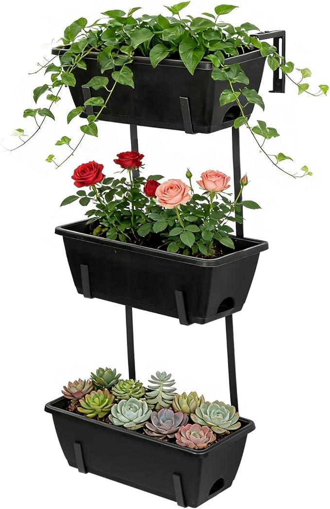OYEAL Railing Planter Box 3 Tier Vertical Window Boxes Planter Raised Garden Bed