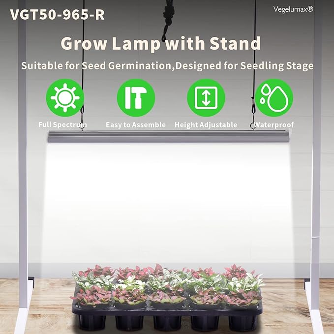 50Watt 2 Feet LED Grow Light Lamp Stand Rack with White Light Full Spectrum CRI90+ for SeedlingSeed Starting Plant GrowingIron Pipe FrameAluminum Heat SinkCCT6500KLamp Height Adjustable