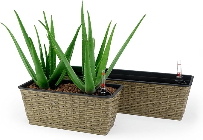 2 Pack Smart Self Watering Rectangle Planter for Indoor and Outdoor Hand Woven Wicker Brown