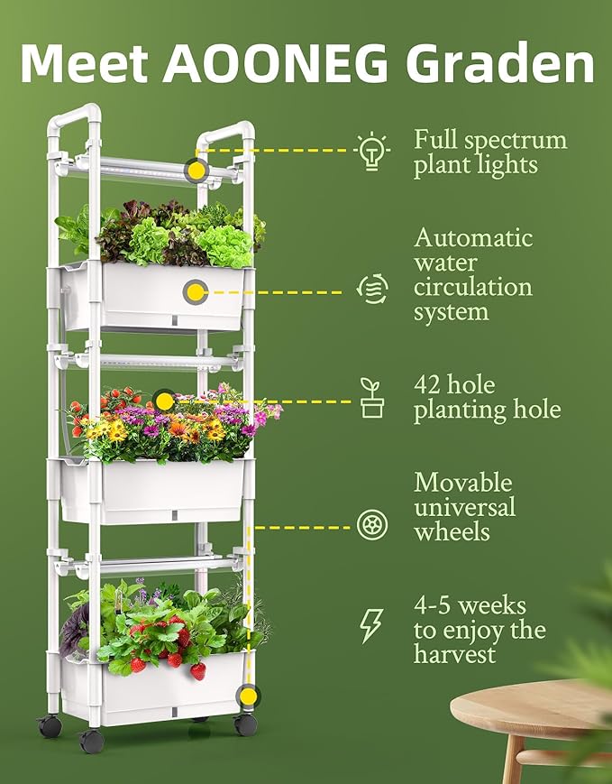 Hydroponics Growing SystemAOONEG 42Pods Indoor Herb Garden with LED Grow LightHydroponics Growing System Kit with Automatic TimerPump SystemAdjustable Height (No SeedGlossy White 3Layer-42Pods)