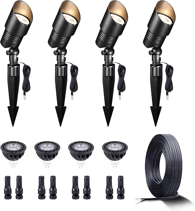 12V Landscape Spotlight Bundle - 4 Pack Spotlight 65FT 16/2 Cable Outdoor Waterproof LED Fixture for Garden Wall Tree