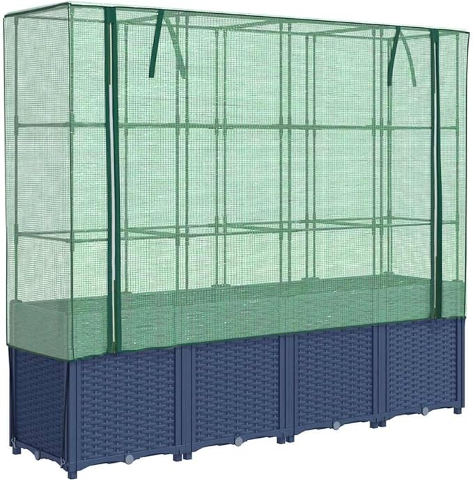 Large Raised Garden Bed with Greenhouse Cover Blue Grey Polypropylene Rattan Look 63x15.7x60.2 Inch Outdoor Indoor Planter Box for Herbs Flowers Vegetables