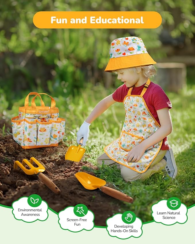 Kids Gardening Set ToysIncludes Metal TrowelTransplanting ShovelGarden hatRakeApronGlovesWatering Canand Tool Organizer Bag (Yellow)