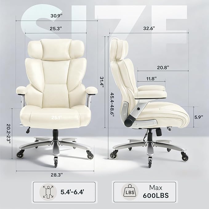 FLEXISPOT 600lbs Big and Tall Office Chair for Heavy People Heavy Duty Computer Desk Chair with Dynamic Lumbar Support 2D Armrest Blade Wheels Chairs for Home Office Gaming Working Leather Beige