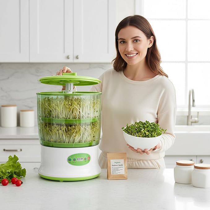 Bean Sprouts Grow Kit 2-Tier Large Capacity Seed Sprouting Kit with 360° Spray 3 Modes for Indoor Gardening Green