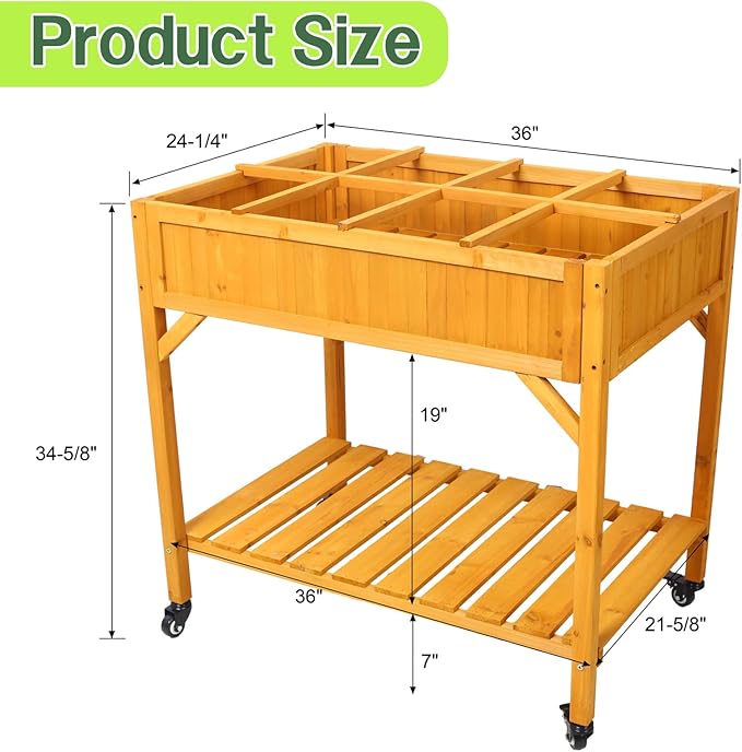 Elevated 8 Pocket Herb Garden Bed Mobile Raised Customizable Wood Planter for Herbs Vegetables Flowers w/Lockable Wheels Storage Shelf Drainage Holes (36 L x24 W x34 H)