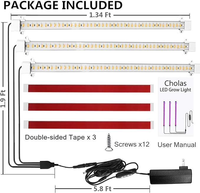 LED Grow Light Strips for PlantsCholas 36W 132 LEDs Auto ON &amp Off Function3/6/12H Timer 5 Dimmable Levels and 3 Switch Modes for Indoor Plants Gardening Greenhouse 3 Pack (Full Sepectrum Light)
