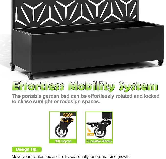 15.7×70.9×47.2 Metal Raised Garden Bed with Trellis and Wheels - Tall Trellis Planter Box for Climbing Plants Vegetables &amp Vines - Outdoor Privacy Planters for Patio (Black-Star)
