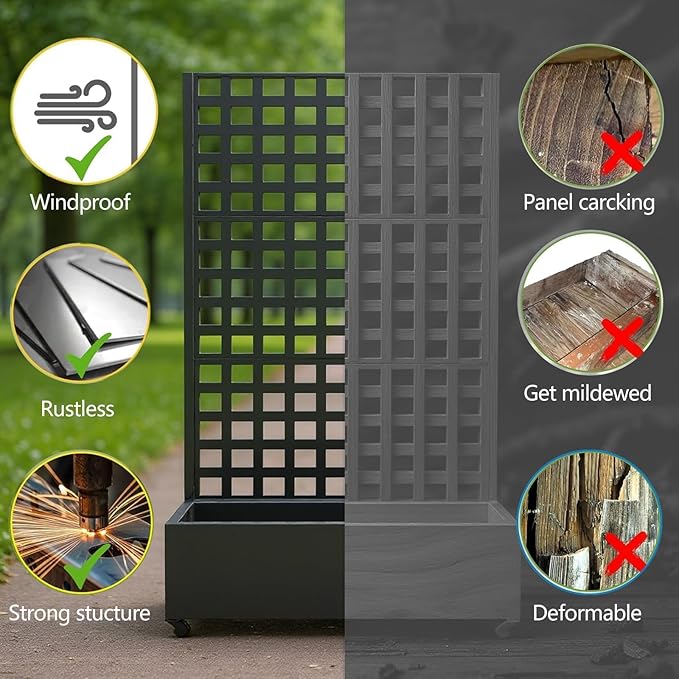 GAOMON Metal Planter Box with Square Lattice Trellis &amp Wheels Raised Garden Bed w/Privacy Screen &amp Drainage Hole for Climbing Plants Flower &amp Vine (72 in x35 in Black)