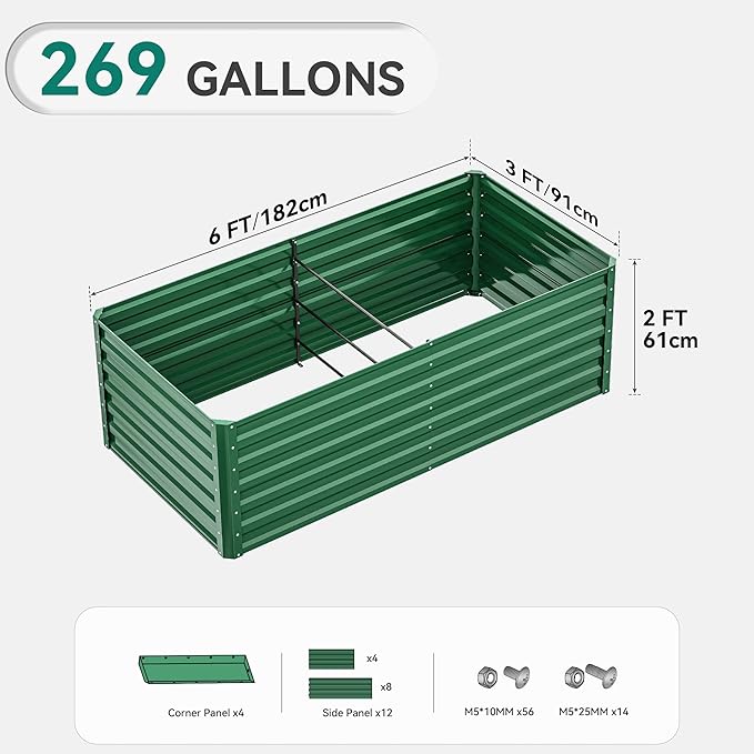 YITAHOME 6x3x2 ft 2pcs Galvanized Raised Garden Bed Kit Large Metal Planter Box with Gloves &amp Support Rod Outdoor Flower Bed for Plants Vegetables Green