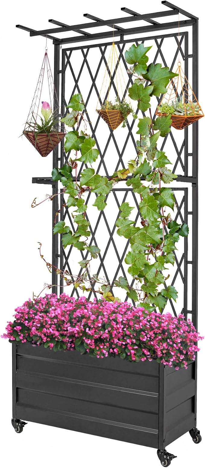 Metal Planter Box with Lattice Trellis and Wheels 70 inches Tall Heavy Duty Planter Box &amp Raised Garden Bed with Trellis for Climbing Plants Flowers with Drainage Holes 30Lx12Wx70H Inches