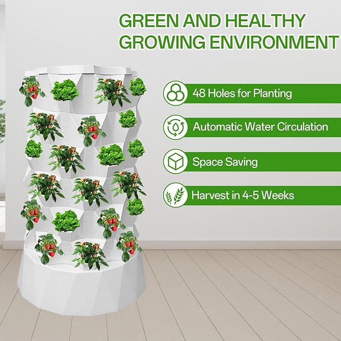 48 Plants Hydroponics Growing System Kit Tower with Water Pump Planter Towers Hydroponic Towers Starter Kit Vertical for Strawberries Tomatoes Lettuce