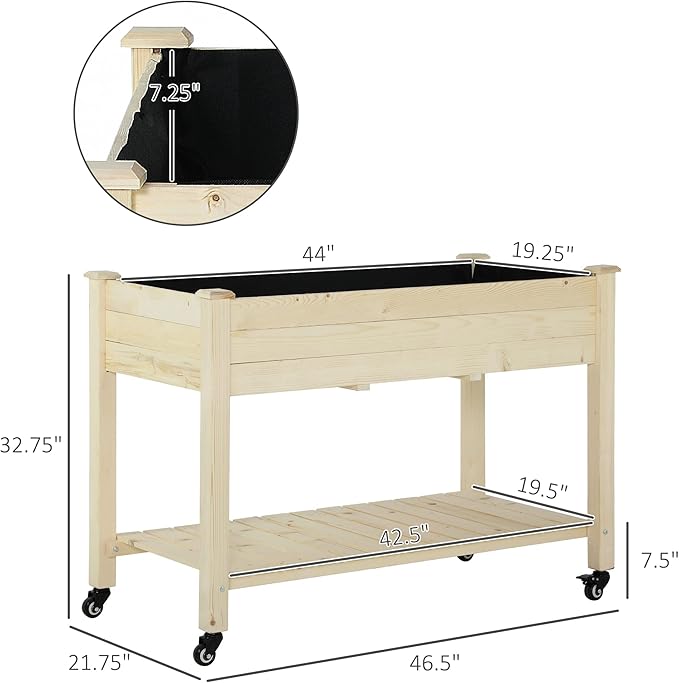 Raised Garden Bed 47 x 22 x 33 Elevated Wooden Planter Box w Lockable Wheels Storage Shelf and Bed Liner for Backyard Patio Natural