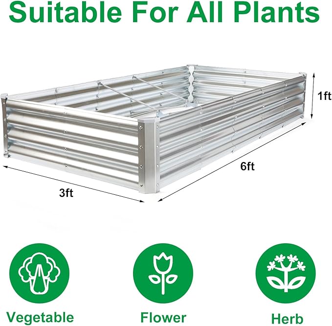 JERIA 6×3×1ft Raised Garden Bed with Support RodsGalvanized Raised Garden Bed Kit Outdoor Metal Gardening Planter Box for Vegetable Fruits Flower