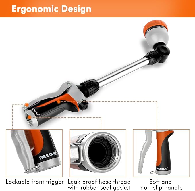 RESTMO Metal Watering Wand Heavy Duty Garden Hose Wand with 180° Swivel Ratcheting Head 16'' Hose Nozzle Sprayer with 7 Spray Patterns and Flow Control for Water Hanging Baskets and Shrubs Orange