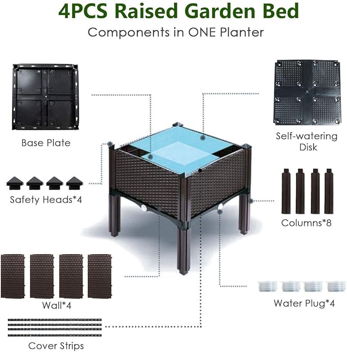 Giantex Raised Garden Bed Set of 4 Planter Raised Beds Kits with Drain Holes for Fruit Flowers Vegetables Outdoor Elevated Planting Box for Lawn Patio Balcony Easy Assembly Rattan-Like Look Brown