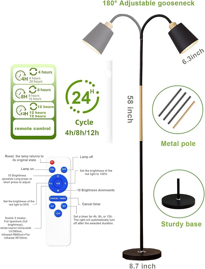 Floor Grow Light for Indoor Plants 58 Tall Standing Grow Light 18W Dimmable LED Plant Light with Timer Full Spectrum Plant Light with Flexible Gooseneck &amp Remote Control (Black)