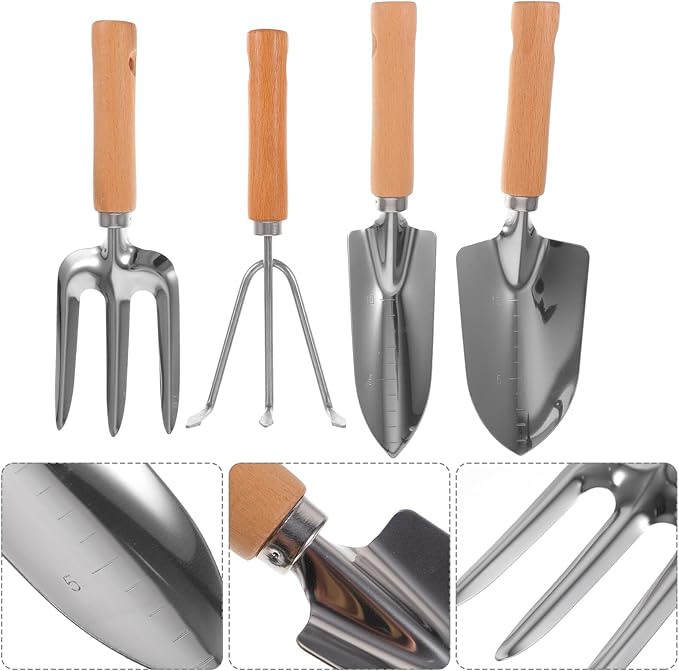Alasum Garden Tools Set 4pcs with Wooden Handles – Small Gardening Shovel Wide Trowel 3-Prong Rake and Hoe for Vegetable Planting Soil Cultivating Outdoor Garden Hand Tool Kit