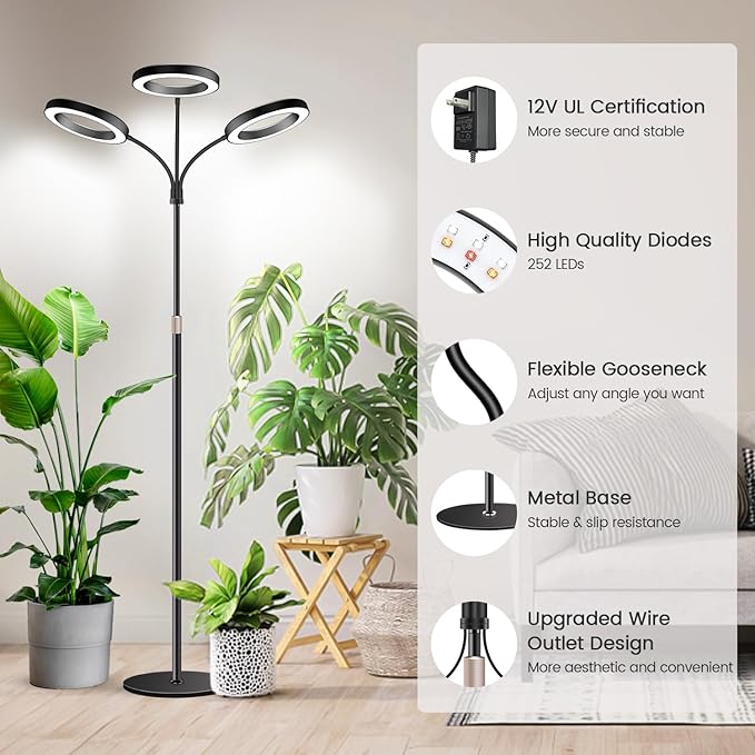 Garpsen Halo Floor Grow Light Three-Head Full Spectrum LED Plant Light with Base 5 Dimmable Levels &amp Timer 6/12/16H 3 Color Modes Grow Lamp with 252 LEDs 67''Height Adjustable for Large Plants