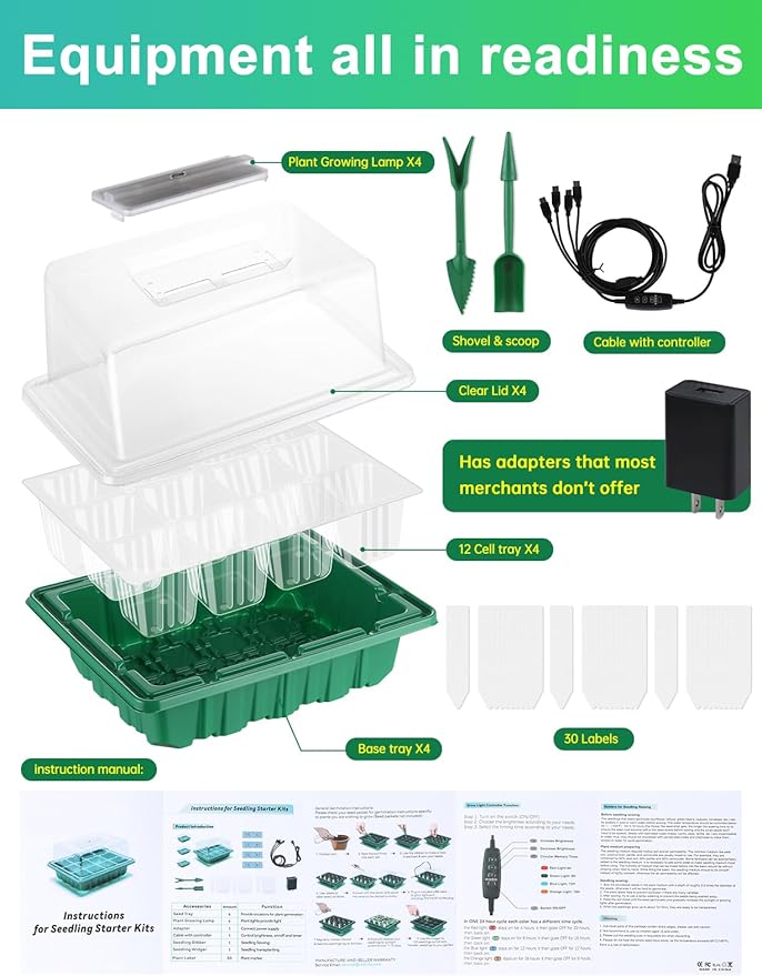 3-Pack Seed Starter Trays with Heat Mat Seed Starter Kit with Grow Lights 36 Large Cells Seed Germination Kit with Adjustable Humidity Vents for Indoor Plants Seeds Starting Ideal Gardening Gifts