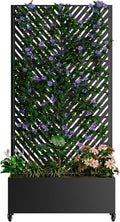 Metal Planter Box with Trellis Outdoor Raised Garden Bed with 4 Wheels Trellis Features Drainage Holes 72X47X16 Privacy Screen with Planter Box for Climbing Plants Vegetables (D-Black)