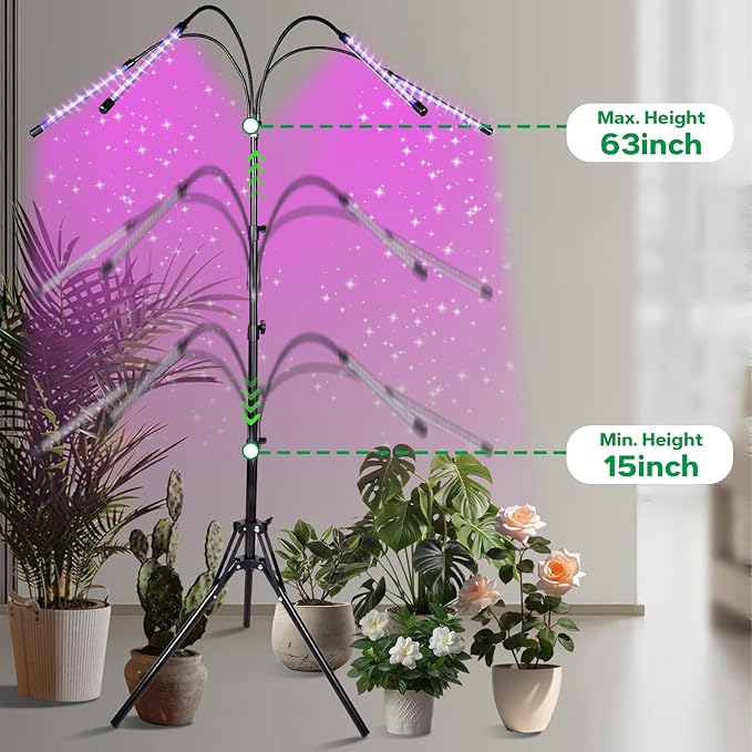4-Head Floor Grow Lights for Indoor Plants - 15-63 Tripod Red/Blue Spectrum &amp Remote Control - Auto 4/8/12H Timer 10 Dimmable Levels for Tall Potted Trees (4-Head)