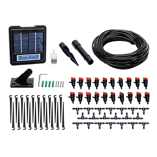 AEO Solar-Powered Automatic Watering Drip Irrigation System 20 Adjustable Drippers 65 ft for Balcony Greenhouse Raised Garden Bed