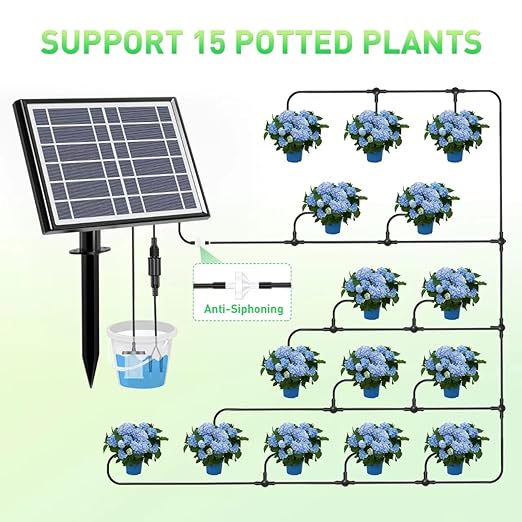 49FT Solar Drip Irrigation Kit System 900ml/min Garden Watering System3W 3000mAh Larger CapacityAutomatic Raised Bed Watering System for 15 Potted Plants