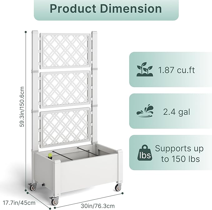 Miory 60 Raised Garden Bed with Trellis &amp Wheels Vertical Gardening Planter Box with Water Level Indicator and Drainage System for Garden Outdoor Patio Balcony