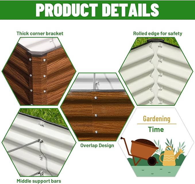 SnugNiture 6x2x2FT Galvanized Raised Garden Bed Kit Metal Planter Box for Planting Plants Vegetables Brown