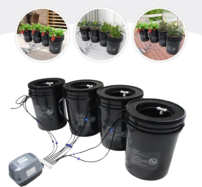 4-Bucket Hydroponic Growing System Indoor/Outdoor Soilless Plant Kit with Deep Water Farming Drip Irrigation Air Pump for Vegetables Fruits and Flowers