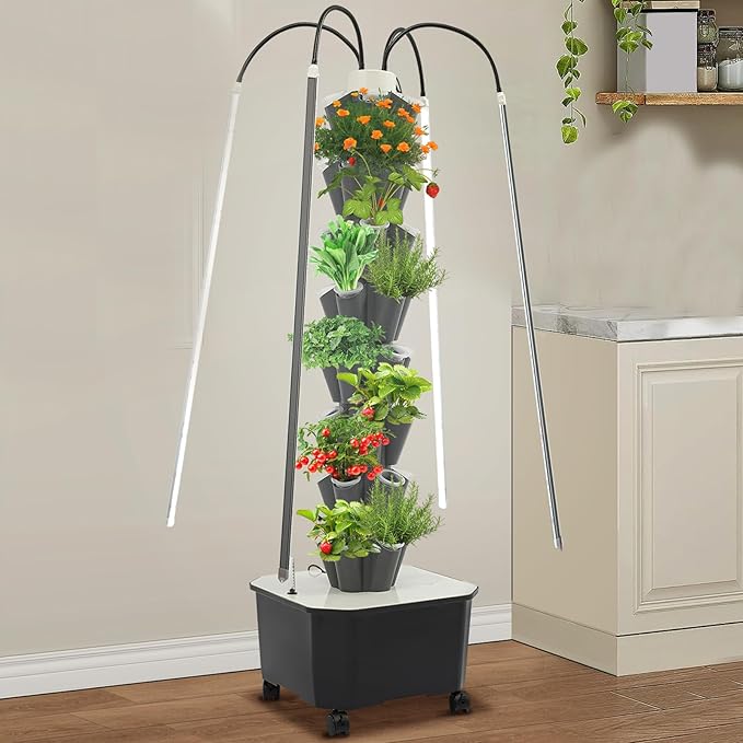 8 Tiers Hydroponics Growing System Kit with LED Grow Lights Hydroponic Tower Lettuce Growing Garden Indoor Herb Garden Vegetable Tower with 40 Planting Holes (Grey)
