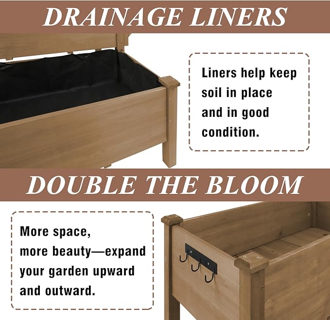 2-Tier Raised Garden Bed with Legs Outdoor Elevated Garden BoxStorage ShelfProtective Liner for BackyardPatioBalcony55x42x30in (Brown)