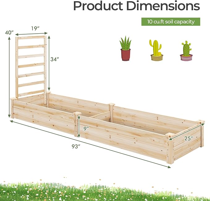 Raised Garden Bed with Trellis Elevated Gardening Bed with Divided Space for Flower Vegetables Fruits Climbing Plants Outdoor Wooden Planter Box Kit for Yard Patio 93 L x 25 W x 40