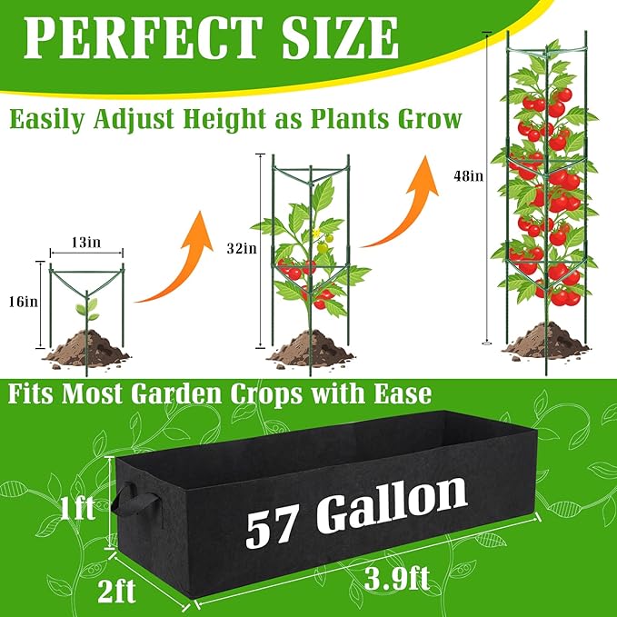 3-Pack Tomato Cage with 57 Gallon Raised Garden Bed - Anti Collapse Steel Core Plant Support System for Climbing Vegetables Plants Flowers 48 Adjustable Vertical Tomato Trellis for Garden Balcony