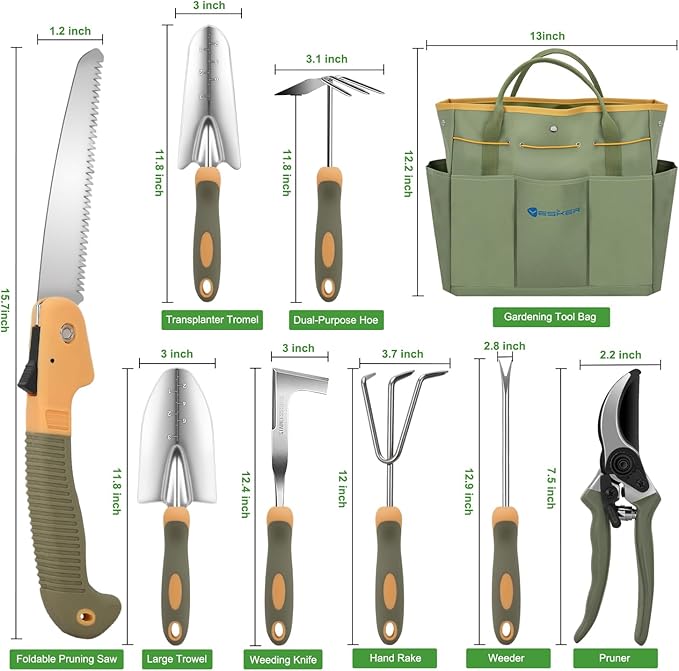 Yesker Gardening Tools 9-Piece Heavy Duty Garden Tool Set Gardening Supplies Gifts for Women Men Gardening Hand Tool Kit w Non-Slip Ergonomic Rubber Handle Durable Garden Bag Pruning Shears Green