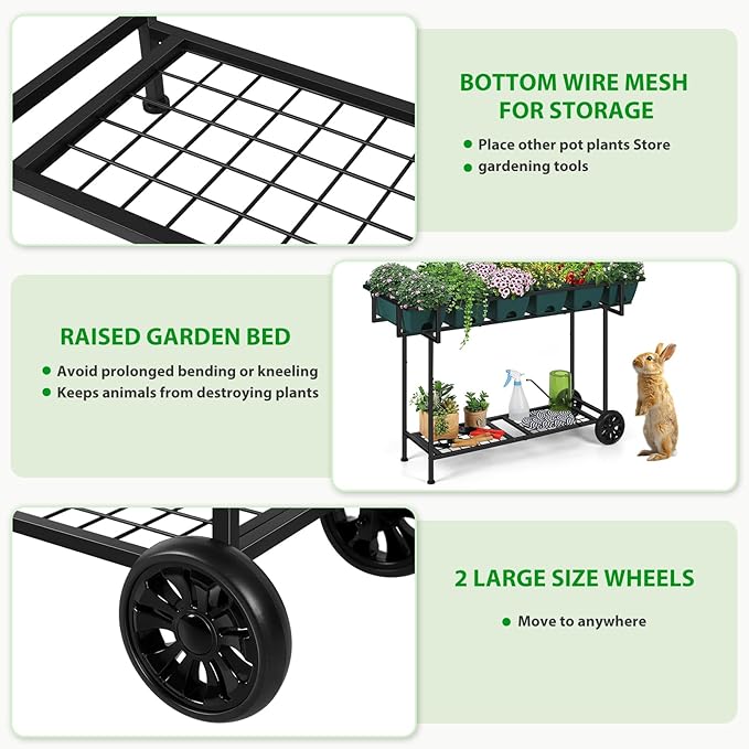 Vrisa Raised Garden Bed with Legs 43x17x29 in Plastic Elevated Planter Box Outdoor with Storage Shelf and Wheels Vegetables Herbs Flowers Standing Garden Beds for Backyard Patio Balcony Green