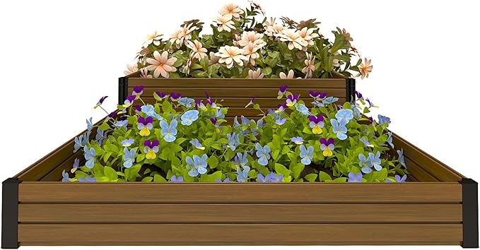 Elevated Wooden Raised Garden Planter - 2-Tier Outdoor Flower &amp Vegetable Box for Patio Backyard or Garden - Durable Weather-Resistant Design - 47.2 x 47.2 x 12.2 (Brown)