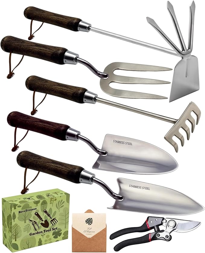 Garden Tool Set 6PCS Heavy Duty Stainless Steel Gardening Hand Tools with Ropes Includes Hand Cultivator Shovel Trowel Transplanter 2-in-1 Hoe Pruner Ideal Gardening Gifts for Women Men (Upgrade)