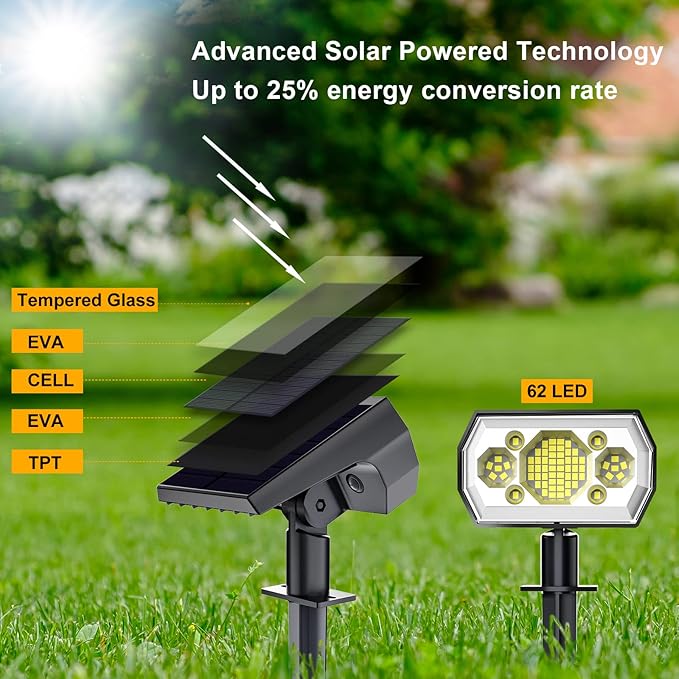 Solar Spot Lights Outdoor [6 Pack/3 Modes] Solar Landscape Spotlights IP67 Waterproof Solar Powered Outdoor Lighting Products for Landscaping Garden Yard [Cold White/62 LED] Spotlight Dusk to Dawn