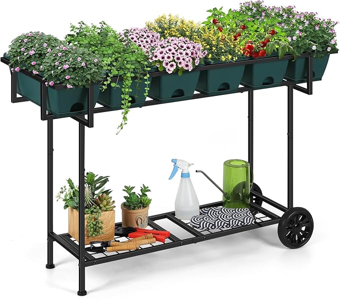 Vrisa Raised Garden Bed with Legs 43x17x29 in Plastic Elevated Planter Box Outdoor with Storage Shelf and Wheels Vegetables Herbs Flowers Standing Garden Beds for Backyard Patio Balcony Green