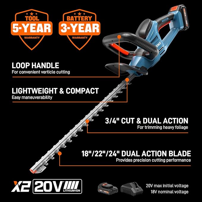 SENIX X2 20 Volt Max* 3-Piece Cordless Power Tool Combo Kit with Battery Powered 10 String Trimmer Variable Speed Leaf Blower 18 Hedge Trimmer Includes 2 Batteries &amp Battery Charger (S2K3B2-0