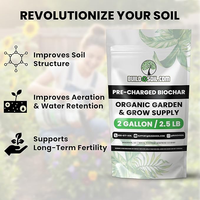 BuildASoil Pre-Charged Biochar Organic Soil Amendment for Plants No-Till Friendly 2–5% Mix Rate Clay Soil Conditioner with Organic Perlite &amp Horticultural Charcoal Blend 2 Gallon/2.5 lb
